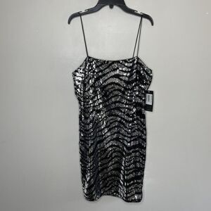 AIDAN MATTOX Dress Womens 8 Mini Cocktail Silver Black Sequin Strappy NEW